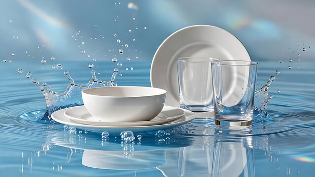 Sparkling clean dishes dishwasher water splash glass plate bowl freshness hygiene kitchenware shine reflection minimal blue background modern concept cleanliness home appliance