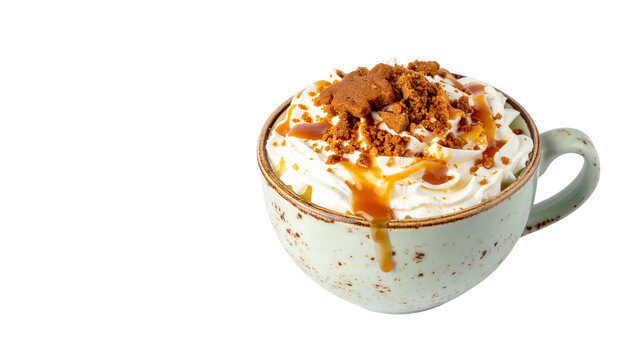 A creamy gingerbread latte in a festive ceramic cup topped with whipped cream, gingerbread cookie crumbs, cinnamon powder, and caramel drizzle, isolated on transparent background