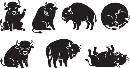 Fototapeta premium Cute buffalo character set, black silhouette bison icons with various emotions, 7 vector animal mascots for children branding isolated on Transparent Background