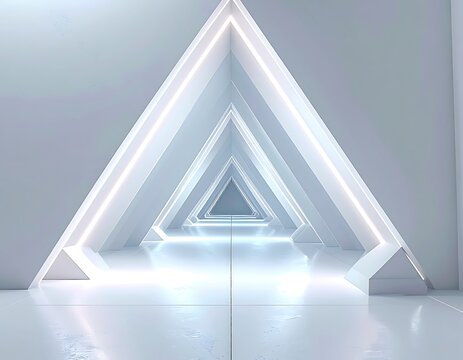 Glowing white triangle tunnel interior design.
