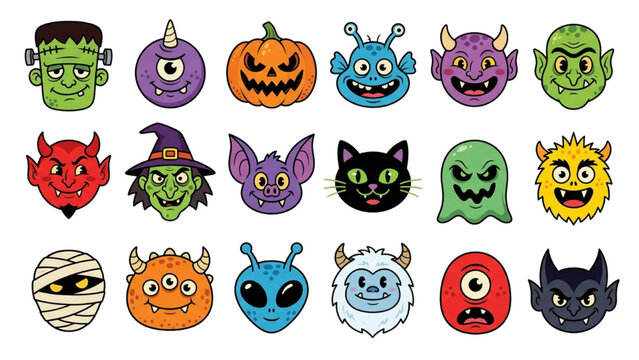Halloween design collection features various cute monster faces and symbols