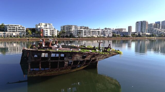 Shipwreck with forest growing out of its rusty hull on sunny day from aerial view. Wreck is located in Homebush Bay, Sydney Australia. Camera orbits stern section of broken ship with architecture