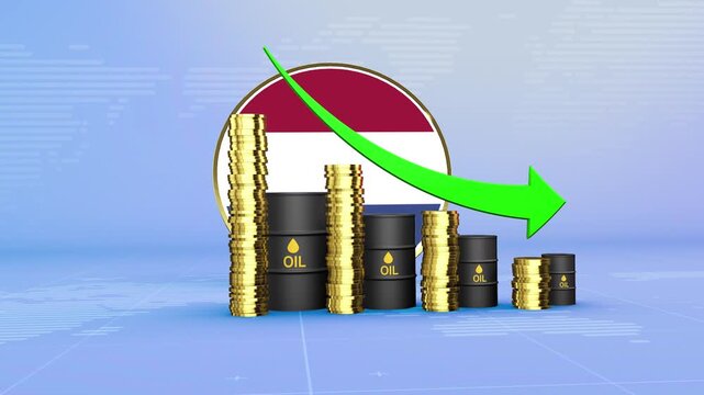 Netherlands Oil Prices Decline with Oil Barrels, Gold Coins and Downward Green Arrow, 3D Economic and Financial Market Concept