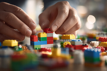Fototapeta premium Fingers skillfully connecting colorful LEGO bricks in a cozy indoor space during a creative building session