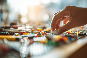 Fototapeta premium Fingers assembling colorful LEGO bricks on a smooth indoor surface during a creative building session