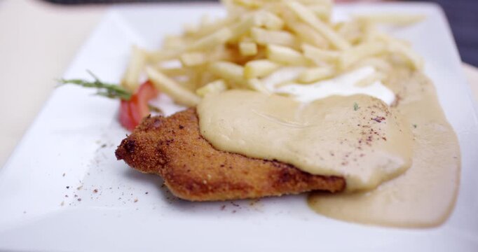 Breaded schnitzel with creamy sauce and french fries on a plate