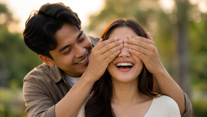 Fototapeta premium Happy Young Couple Having Fun Outdoors - Man Playfully Covering His Girlfriend's Eyes From Behind While She Laughs Joyfully in a Sunny Park