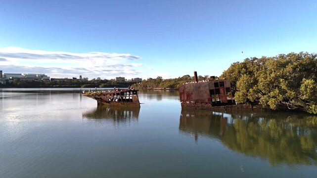Shipwreck with forest growing out of its rusty hull on sunny day from low aerial view. Wreck in located in Homebush Bay, Parramatta river, Sydney Australia. Camera moves in towards broken ship.