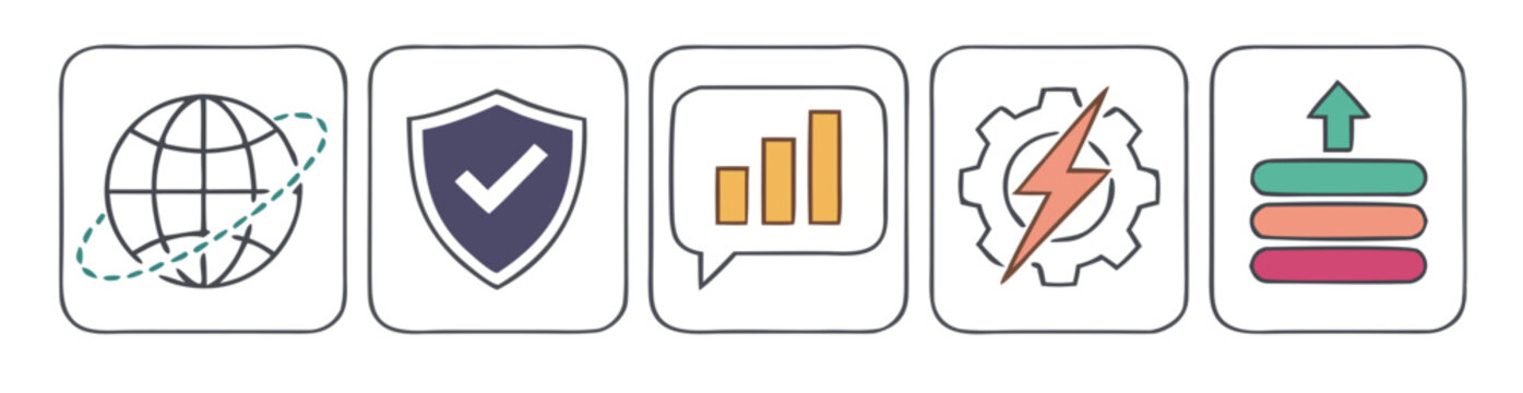 Global network security growth efficiency and data layers icons with white background