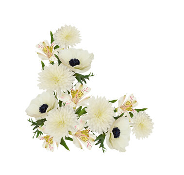 White flowers (alstroemeria; chrysanthemum; anemone) in a corner floral arrangement isolated on white or transparent background