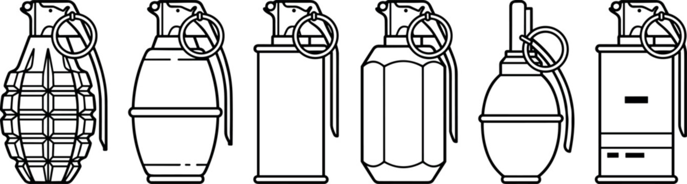 Military Hand Grenades and Explosive Weapons Outline Vector Icon Set with Frag Smoke Flashbang and Stun Grenade Line Art for Tactical Game Interfaces