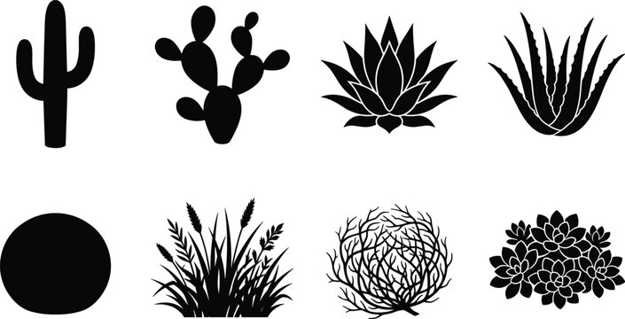 Set of black and white desert plant, cactus, succulent, and tumbleweed silhouettes for botanical design projects
