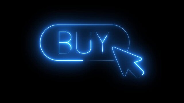 Blue neon buy button with clicking cursor glowing against black background dynamic animation.
