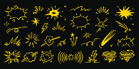 Hand drawn comic explosion burst star  bhoom shape doodle set  cartoon boom sunburst and impact effect elements vector illustration  set © ApexStock Studio66