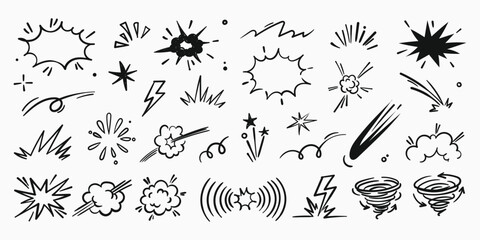 Hand drawn comic explosion burst star  bhoom shape doodle set  cartoon boom sunburst and impact effect elements vector illustration  set © ApexStock Studio66