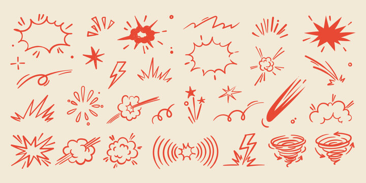 Hand drawn comic explosion burst star  bhoom shape doodle set  cartoon boom sunburst and impact effect elements vector illustration  set