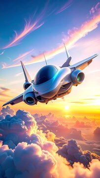 Airplane flying through sunset clouds sky.