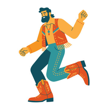 Cheerful bearded cowboy dancing in fringed vest.