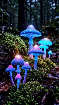 Group of Bioluminescent Glowing Mushrooms in a Dark Enchanted Forest Setting