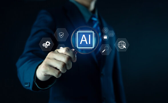 Businessman holding digital globe with AI technology icons, representing artificial intelligence, innovation, data analytics, and future business transformation in the modern digital world.