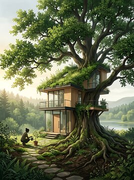 Modern sustainable treehouse home integrated into lush nature with person gardening nearby to represent eco-friendly living and biophilic architectural design concepts for green lifestyle