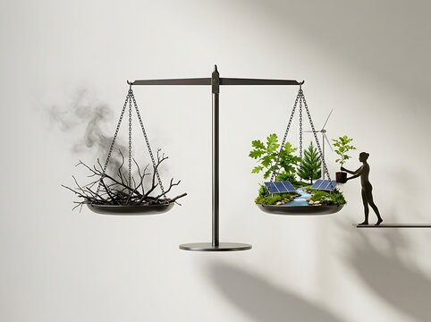 Conceptual balance scale comparing environmental destruction with sustainable green energy solutions and planting trees to illustrate climate change mitigation and ecological responsibility