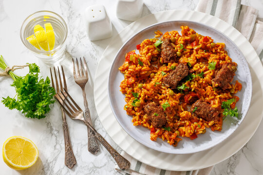 Savory American Balkan Cevapcici and Rice Platter