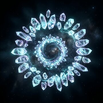 Intricate glowing crystal formation spiraling in dark cosmic void with nebula dust and light particles