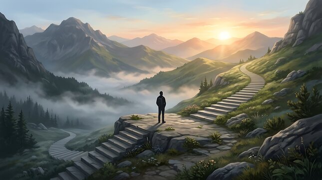 Person standing on stone staircase overlooking misty mountain valley at sunrise representing success journey personal growth and life goals achieving new heights