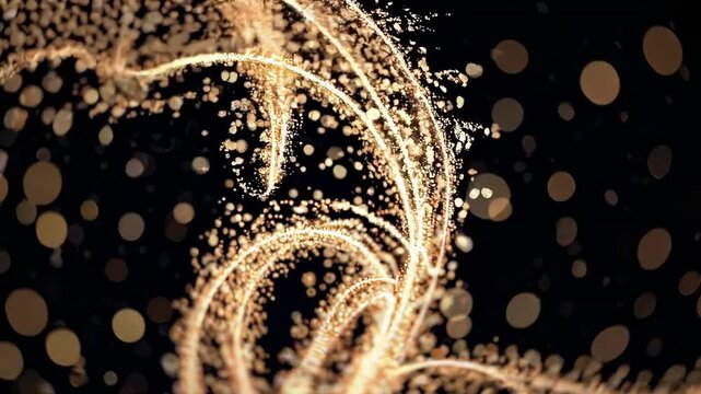 Golden particles swirl and flow in a mesmerizing pattern against a dark background, creating a dynamic visual effect with shimmering light and depth