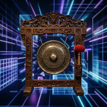 Indonesian Gamelan Gong: A small, ornate bronze Gamelan gong suspended in a carved wooden frame with a red mallet, realistic metallic sheen and wood grain,