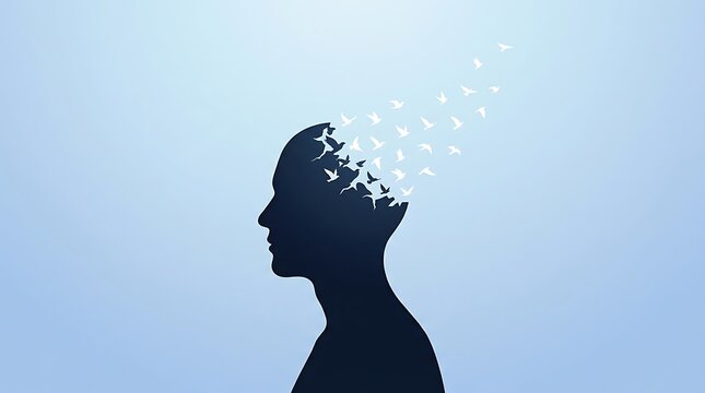 Silhouette of human head with birds flying out of brain representing freedom of thought mental liberation creativity and letting go of stress and anxiety