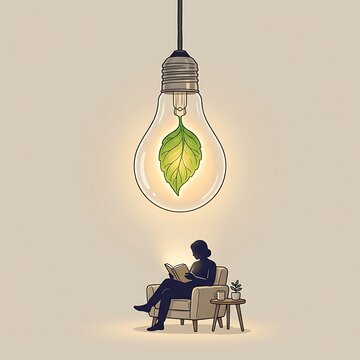 Minimalist flat illustration of a person sitting in an armchair reading a book under a hanging light bulb with a green leaf inside representing eco friendly living and knowledge