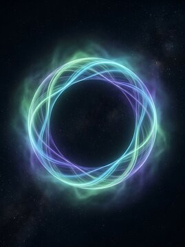 Abstract cosmic circle of glowing nebula light trails in shades of cyan and purple against a starry space background for celestial and science fiction visual storytelling