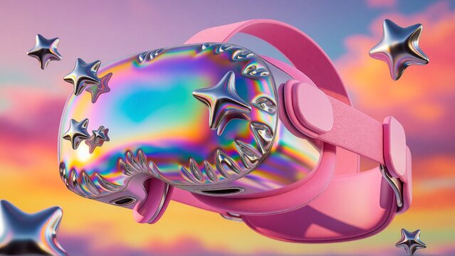 Pink VR headset with holographic finish. Futuristic virtual reality goggles for gaming.