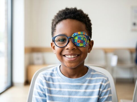 African american child wearing eye patch on glasses. Happy boy undergoing vision therapy for lazy eye. Pediatric ophthalmology patient receiving medical treatment for strabismus or amblyopia.
