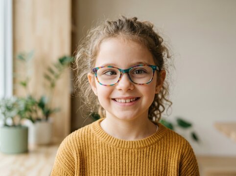 Happy girl wearing glasses for vision correction. Child with squint looking at camera. Ophthalmology and eye health checkup for kid. Vision care and eyewear style for school student.