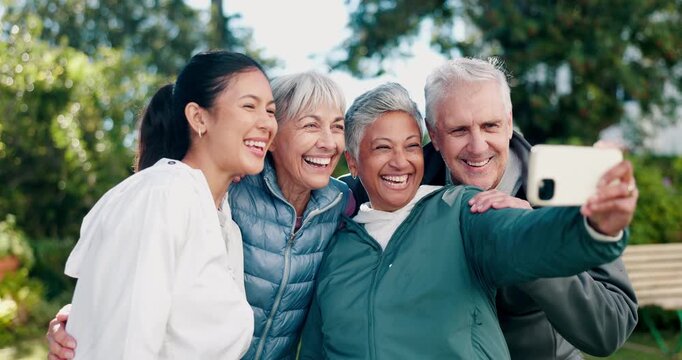 Happy woman, fitness and selfie with senior people, laugh and profile picture with personal trainer. Outdoor, instructor and memory with elderly friends after physical activity, online or photography