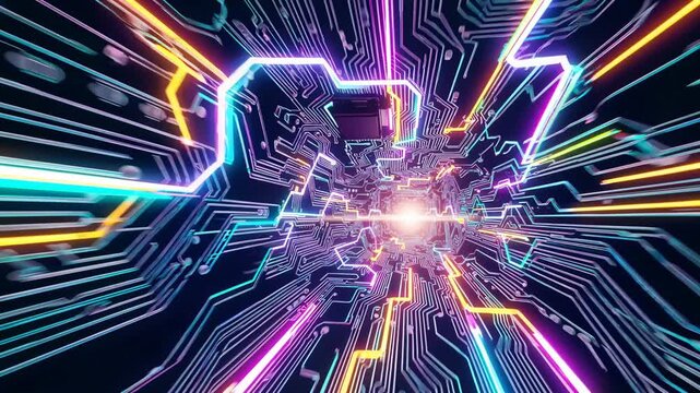 Abstract digital circuit animation with vibrant neon colors and light beams radiating from the center, creating a dynamic visual effect in a dark background