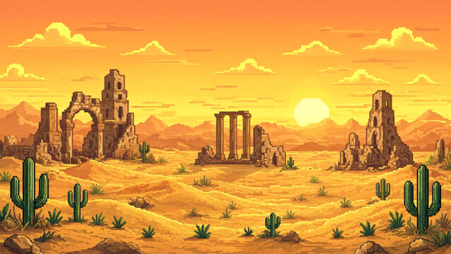 Pixel Art Desert Ruins Sunset Background