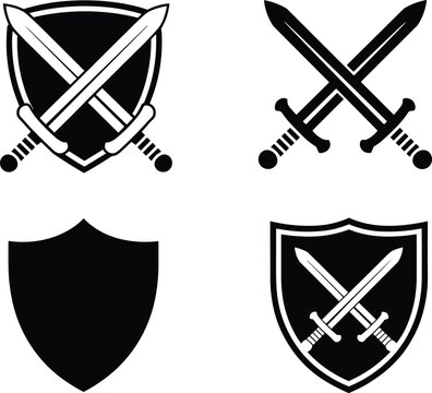Black and white medieval heraldry vector collection featuring crossed swords, protective warrior shields, and traditional knight coat of arms elements