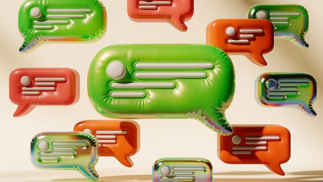 3D glossy speech bubbles floating. Colorful chat notification icons for social media.
