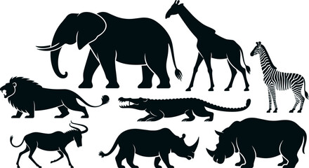 Wild Safari Animals Black Silhouette Vector Set Featuring Detailed Shapes of Elephant Giraffe Zebra Roaring Lion Crocodile Rhinoceros and Antelope Icons © ALEXA!