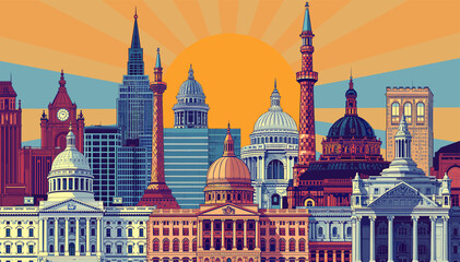 Obraz premium A vibrant, stylized illustration of a diverse cityscape featuring numerous iconic government buildings and architectural landmarks under a radiant sunrise.