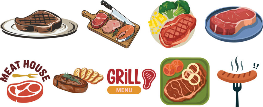 Barbecue grill menu vector collection featuring grilled beef steaks sausage raw meat cutlets and fresh restaurant food icons