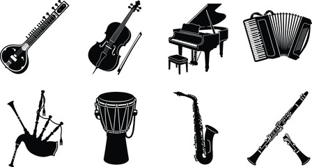 Musical instruments vector illustration set featuring sitar cello grand piano accordion bagpipes djembe drum saxophone and clarinet silhouettes © Rahim 