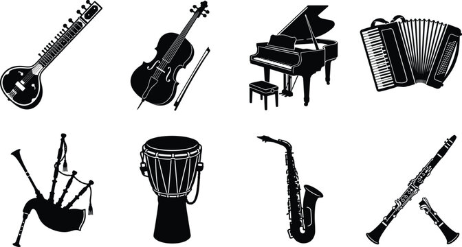 Musical instruments vector illustration set featuring sitar cello grand piano accordion bagpipes djembe drum saxophone and clarinet silhouettes