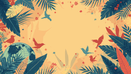 Fototapeta premium Vibrant tropical nature illustration with exotic birds and lush foliage surrounding a central empty space, symbolizing environmental themes and Earth conservation.