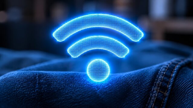 A vibrant, glowing blue WiFi signal icon stands out against a textured dark blue denim background, symbolizing strong wireless internet connection