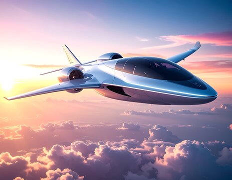 Futuristic aircraft soaring through sunset sky.